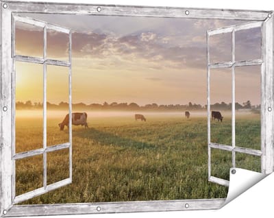 Gards Tuinposter Doorkijk Koeien in de Wei tijdens Zonsopkomst - 120x80 cm - Tuindoek - Tuindecoratie - Wanddecoratie buiten - Tuinschilderij