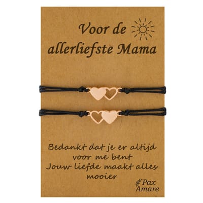 Moeder Dochter Armbandjes voor 2 "Voor de allerliefste Mama" - Hartjes - BFF Armbandjes met Cadeau Kaartje - Rosé Goud & Zwart - Elastisch Verstelbaar - Pax Amare
