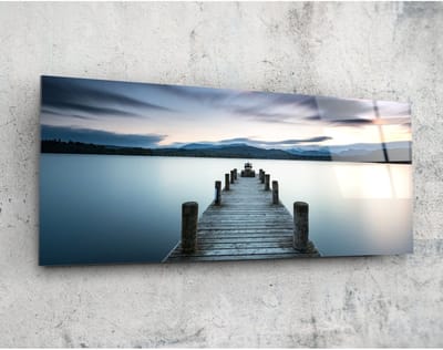 Panorama Glasschilderij - Houten steiger aan het meer Landchappen - Natuur - 92 x 36 cm