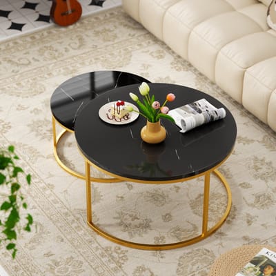 Wishdor 2-Delige Salontafel Set - Ronde Nesttafels - Zwart Marmerlook & Goud Frame - Ø 80 & Ø 60 cm