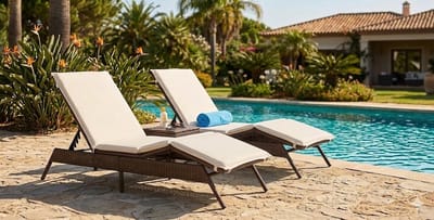 Ligbed Set van 2 PE-Rattan Tuinligbedden 170/200 x 59 x 26-85 cm Verstelbare Rugleuning met Kussens Outdoor Zonneligbed voor Tuin Balkon Terras Bruin - Mobili Bella