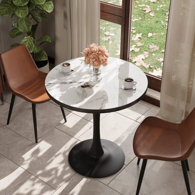 FATIVO Ronde Eettafel - 76.5 x 76.5 x 80 cm - Keukentafel Voor 2-3 Personen - Marmerlook - Jade wit & zwart