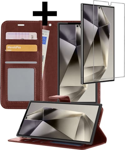 Hoesje - Met Screenprotector - Geschikt voor Samsung Galaxy S24 Ultra - Luxe Pasjeshouder - Bookcase Portemonee - Flip Case - Kunstleer Book Case - Flipcase - Book Cover - Walletcase - Portemonneehoes - Telefoonhoesjes - Bruin