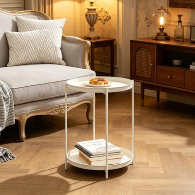 STILVORA Bijzettafel - Ronde Tafel Met 2 Afneembare Metalen Bladen - Voor Woonkamer Slaapkamer Of Balkon - Metaal - 44x44x53 Cm - Crèmewit