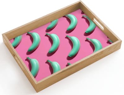 Dienblad hout 40x30 cm - Schootdienblad - Bananen - Patroon - Blauw - Roze - Borrelplank rechthoek - Plateau dienbladen