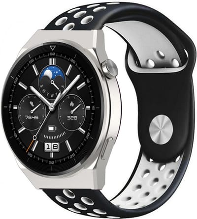 Strap-it Ademend sport siliconen bandje - geschikt voor Huawei Watch GT 1 / GT 2 / GT 3 / GT 3 Pro / GT 4 46mm / GT 5 & 5 Pro (46mm) / GT 2 Pro / GT Runner / Watch 3 (Pro) / Watch 4 (Pro) / Watch Ultimate - zwart/wit