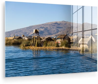 ® Glasschilderij 180x120 cm - Schilderij acrylglas - Het meer Titikaka aan de Uroseilanden in Peru - Foto op glas - Muurdecoratie woonkamer - Wanddecoratie slaapkamer - Schilderijen