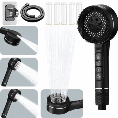 Ryoudavell Luxe Hogedruk Douchekop met Filter Set - Inclusief 1.5m Slang, Douchehouder en 5 Extra Filters - Anti-Kalk Handdouche met 4 Straalstanden & Massageborstel - Zwart