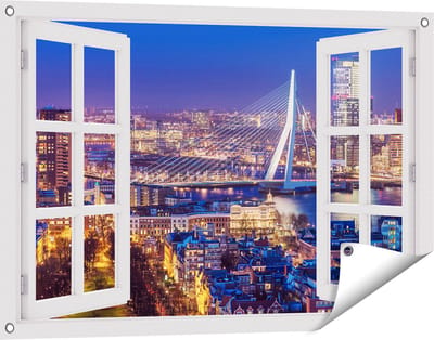 Gards Tuinposter Doorkijk Rotterdamse Skyline met de Erasmusbrug - 90x60 cm - Tuindoek - Tuindecoratie - Wanddecoratie buiten - Tuinschilderij