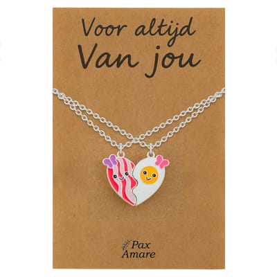 Koppel Ketting voor 2 'Voor altijd van jou' - Magnetisch Hartje Bacon & Ei - Vriendschapsketting op Cadeau Kaartje - 45cm + 5cm verstelbaar - Zilverkleurig - Persoonlijke Hanger - Pax Amare