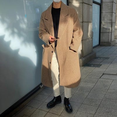 Geruite wollen jas heren middellang Koreaanse stijl trendy herfst en winter windjack losse casual jas 2XL beige