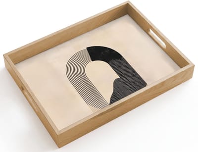 Dienblad hout 40x30 cm - Schootdienblad - Grafisch gebogen motief - Beige - Borrelplank rechthoek - Plateau dienbladen