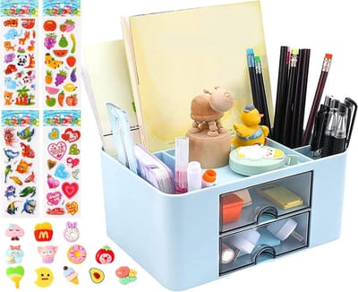 Multifunctionele Bureau Organizer met Lade, 5 Compartimenten voor Pennen, Kantooraccessoires en Schoolbenodigdheden in Blauw