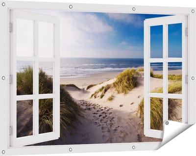 Gards Tuinposter Doorkijk Strand en Duinen - 120x80 cm - Tuindoek - Tuindecoratie - Wanddecoratie buiten - Tuinschilderij