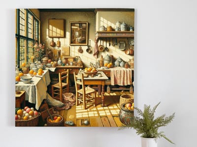 Abstract vermeer schilderij | Cosmische melodieën: een surrealistisch spel van vorm en kleur | Kunst - 20x20 centimeter op Dibond | Foto op Dibond