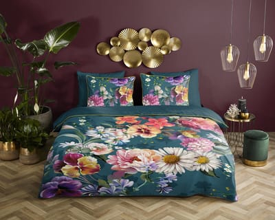 Descanso dekbedovertrek bloemen - 1 persoons 140x200/220 cm - Petrol - 100% Katoen satijn