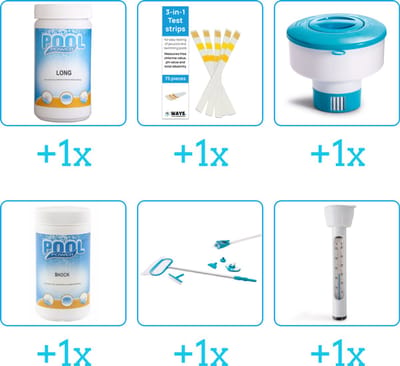 Zwembad Onderhoudspakket - Onderhoud Zwembad - bevat Chloor - Testrips - Chloordrijver - Chloor - Schoonmaakset en Thermometer (6-delig)