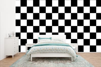 Behang - Fotobehang Schaakbord - Patronen - Zwart Wit - Breedte 400 cm x hoogte 240 cm