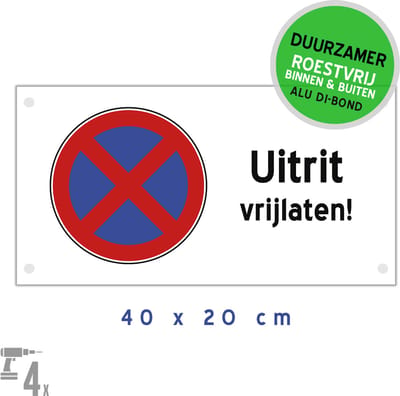 Pictogram/ bord Dibond + boorgaten | "Uitrit vrijlaten!" | 40 x 20 cm | Wit | Duurzaam | Hier niet parkeren | Inrit vrijhouden | Roestvrij | Sterk materiaal | Voor ophanging | 1 stuk