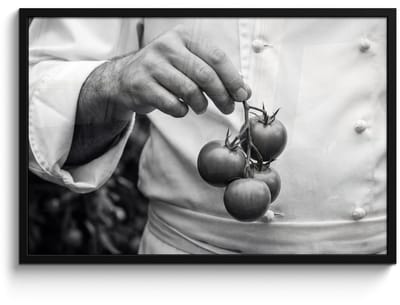 Poster in lijst - Fotolijst 90x60 cm - Posters - Tomaten - Chef - Zwart - Wit - Posterlijst zwart - Decoratie - Wanddecoratie woonkamer - Muurdecoratie slaapkamer
