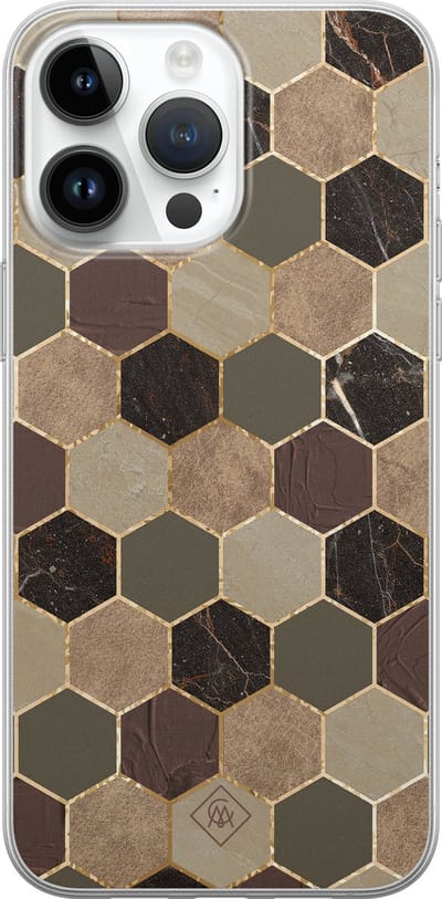 Casimoda® hoesje - Geschikt voor iPhone 14 Pro Max - Kubus Groen Bruin - Siliconen/TPU telefoonhoesje - Backcover - Geometrisch patroon - Bruin