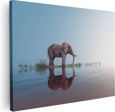 Artaza Canvas Schilderij Olifant Afrika - 40x30 cm - Klein - Wanddecoratie Waterreflectie - Muurdecoratie Dieren - Kamer Accessoires