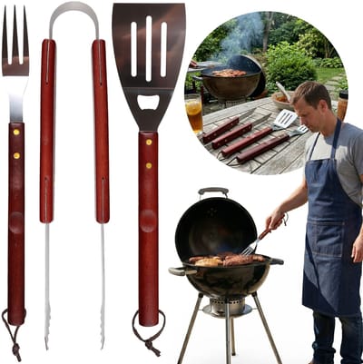 Barbecueset met houten handvat, spatel, tang, barbecuevork – set van roestvrij staal