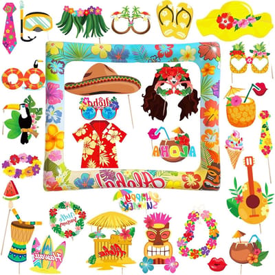 31 Stuks Hawaii Foto Props en Aloha Opblaasbare Fotolijst voor Zomerfeest, DIY Foto Box, Accessoires voor Strand Selfies en Feestelijke Herinneringen