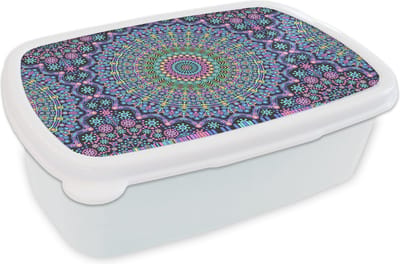 Broodtrommel Wit - Lunchbox - Brooddoos - Mandala - Hippie - Regenboog - Neon - Patronen - 18x12x6 cm - Volwassenen
