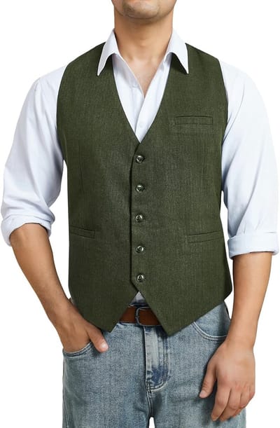 Heren Haringbone Tweed Vest van Wol voor Formele en Informele Gelegenheden, V-Hals, Bruin, One Size, Hip Lengte