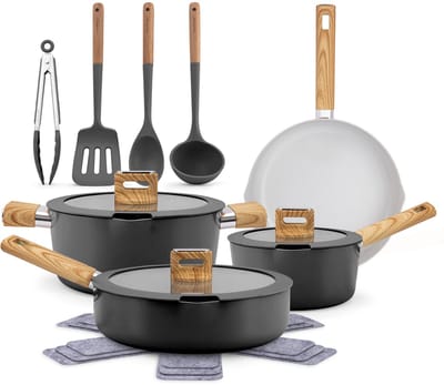 NutriChef 14-delige pannenset Inductie - Keramische kookpannen - glazen deksels - vaatwasmachinebestendig - Zwart