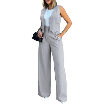 Dames Gilet Broek Set Elegante Dames Baggy Broek Set met Gilet voor Dames Hoge Taille Wijde Pijpen Broek Effen Kleur Streetwear Outfit S