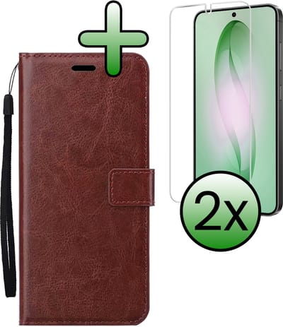 Hoesje Met 2x Screenprotector - Geschikt voor Samsung Galaxy S26 - Luxe Pasjeshouder - Bookcase Portemonee - Flip Case - Kunstleer Book Case - Flipcase Hoes - Book Cover - Walletcase - Portemonneehoes - Bruin
