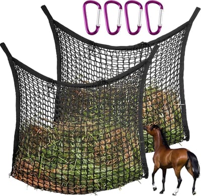 2 Stuks Hooinet Hooizak voor Paarden, 90 x 120 cm, Grote Hooitas met 4 Karabijnhaken, Inhoud 10 kg, Wit, Duurzaam en Gebruiksvriendelijk