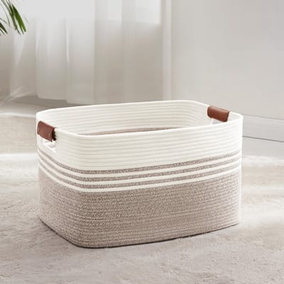 Grote geweven wasmand van katoenen touw, 60 liter opbergmand met leren handvatten, mand voor dekens, kleding, speelgoed, wasmand voor kinderkamer of woonkamer, 53 x 38 x 29 cm, wit en bruin