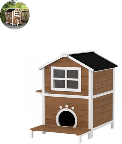 Kattenhuis - Voor buiten - Hok - Kooi - Bench - Ren - 2 verdiepingen - duurzaam - 66B x 66D x 90H cm - Bruin