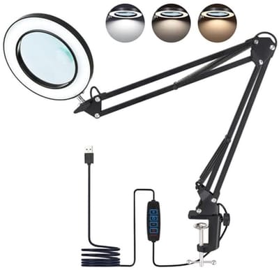 Vergrootglas met licht - Vergrootlamp klem - Hobby knutselen lezen - 8 en 10x vergroting - 3 kleurmodi - Zwart