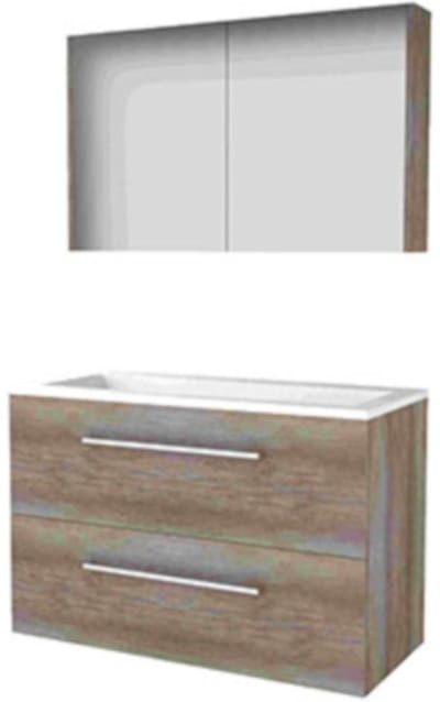 Basic-Line Comfort 46 Badkamermeubelset - 100 x 46 cm - Met Grepen - 2 Lades - Acryl Wastafel - 1 Kraangat - Spiegelkast - Scotch Oak