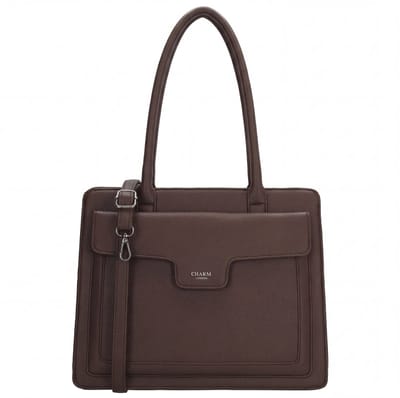 Charm London Monaco Shopper - Schoudertas - Crossbody - Dames - Groot Formaat - Tussenritsvak - Overslag met Drukker - Verstelbare en Afneembare Schouderband - Donkerbruin