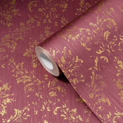 Barok behang Profhome 306626-GU textiel behang gestructureerd in barok stijl glanzend rood goud 5,33 m2