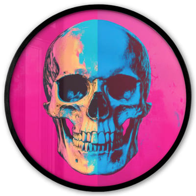 Poster in lijst Rond - Fotolijst 40x40 cm - Posters - Neon - Blauw - Pop-art - Schedel - Ronde posterlijst zwart - Decoratie - Wanddecoratie woonkamer - Muurdecoratie slaapkamer