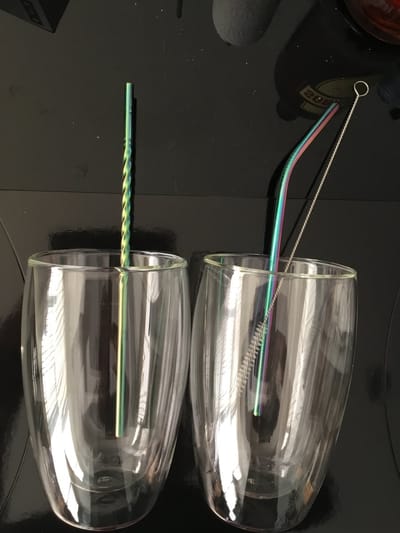 Set van 2 dubbelwandige/thermische koffie/thee/jusglazen 450ML met inox rietje en borsteltje