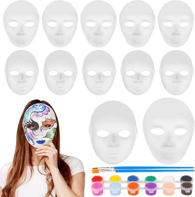 Handgeschilderde witte papieren maskers van cellulose voor knutselen, cosplay, feesten en Halloween - 12 stuks met franjes