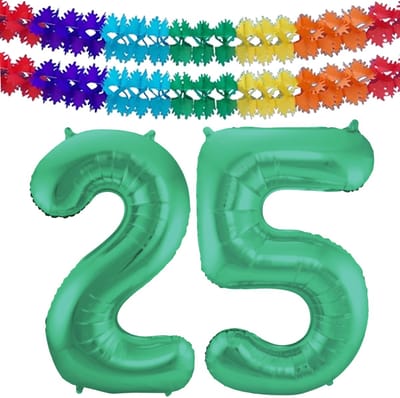 Folat Verjaardag Leeftijd folieballon - 25 jaar - groen - 86 cm - cijferballon groot - incl 2x feestslingers