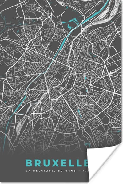 Poster Kaart – Plattegrond – Stadskaart – Bruxelles – België - Grijs - 120x180 cm XXL