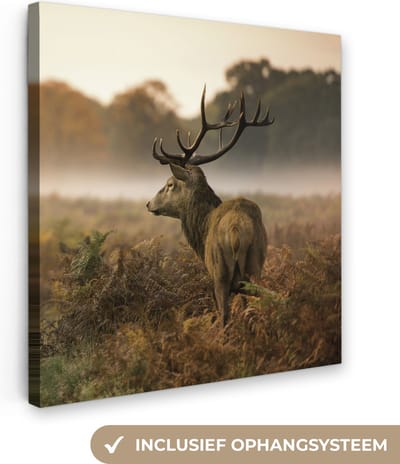 Canvas - Hert - Gewei - Mist - Edelhert - Herfst - Natuur - Canvas schilderij - 20x20 - Schilderijen op canvas - Kamer decoratie