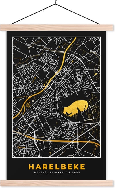 Posterhanger incl. Poster 40x60 cm - Schoolplaat - Plattegrond - Goud - Harelbeke - Stadskaart - Kaart - Textielposter - Blanke latten - Stadskaart