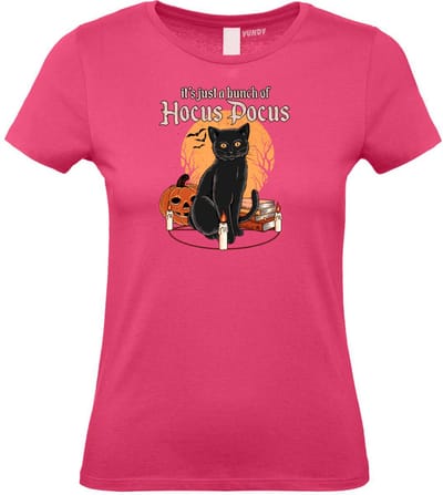 Dames t-shirt Hocus Pocus met kat | Halloween Kostuum Volwassenen | Horror Shirt | Gothic Shirt | Fuchsia dames | maat XS