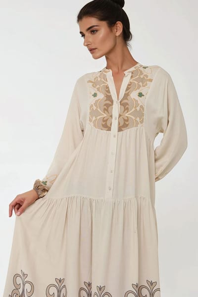 Geprinte Lange Mouw Viscose Maxi Jurk