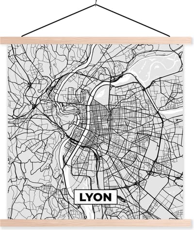 Posterhanger incl. Poster 40x40 cm - Schoolplaat - Frankrijk - Lyon - Stadskaart - Plattegrond - Kaart - Textielposter - Blanke latten - Stadskaart